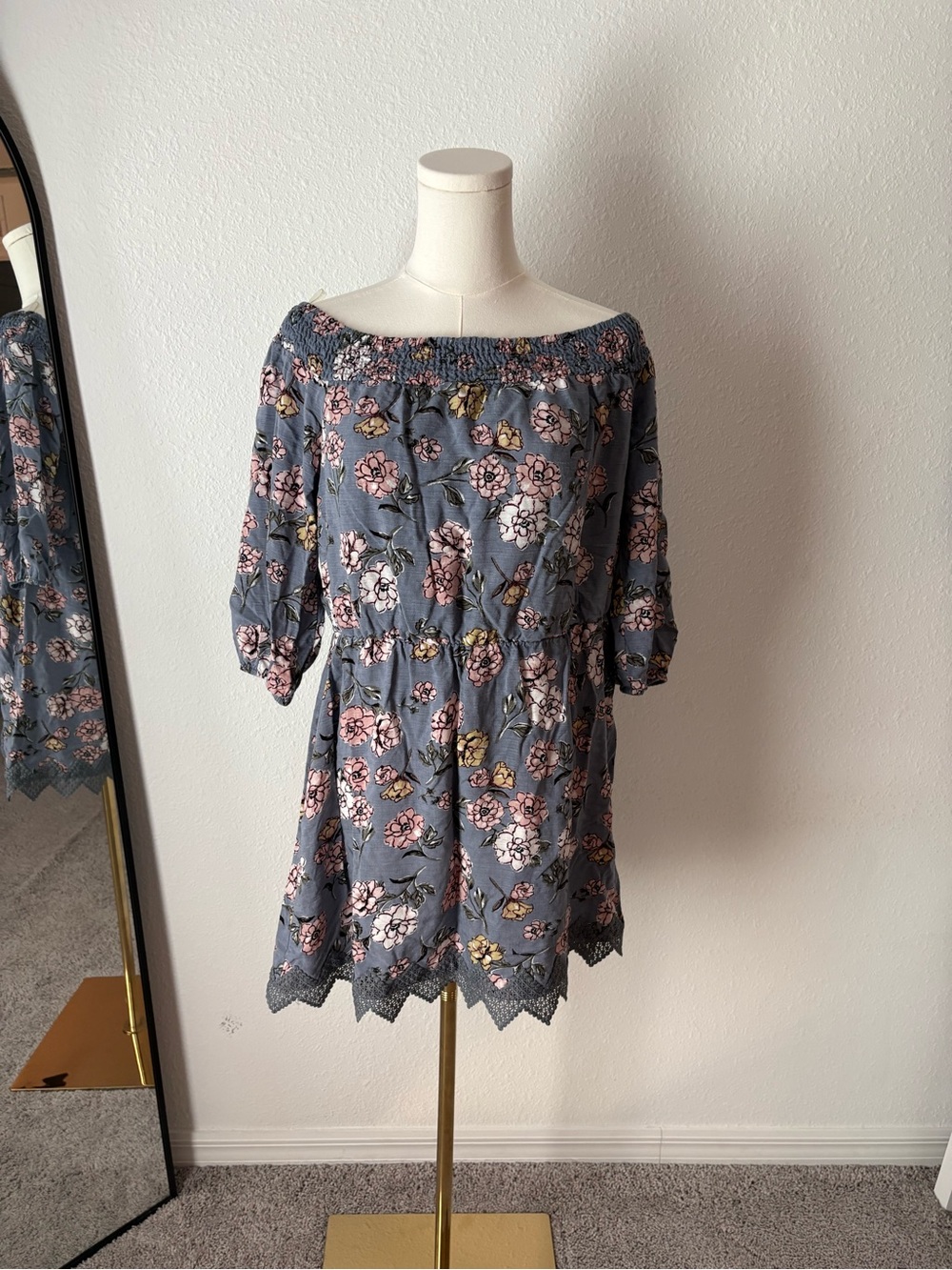 Off-Shoulder Floral Women’s Dress in Slate Blue